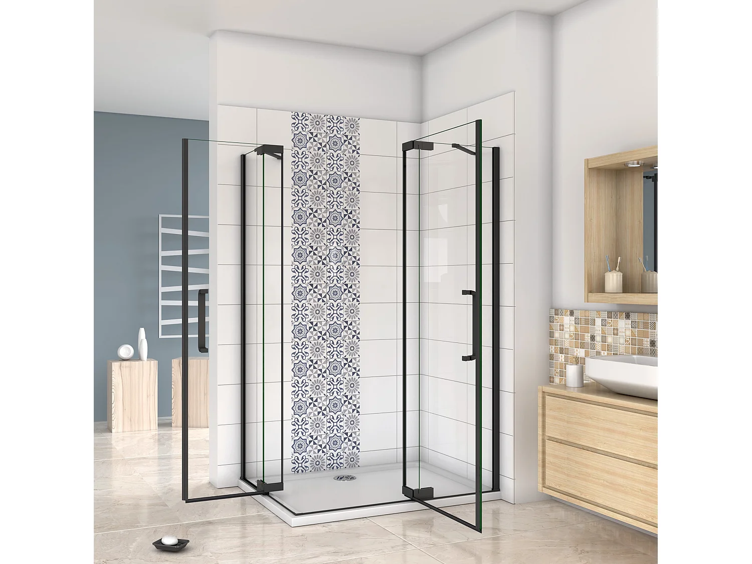 Cabine de duche rectangular Bater Perfil preto mate com Barra Estabilizadora Vidro Anticalcário 8mm (1168-1208)x(768-808)x1950mm-AICA