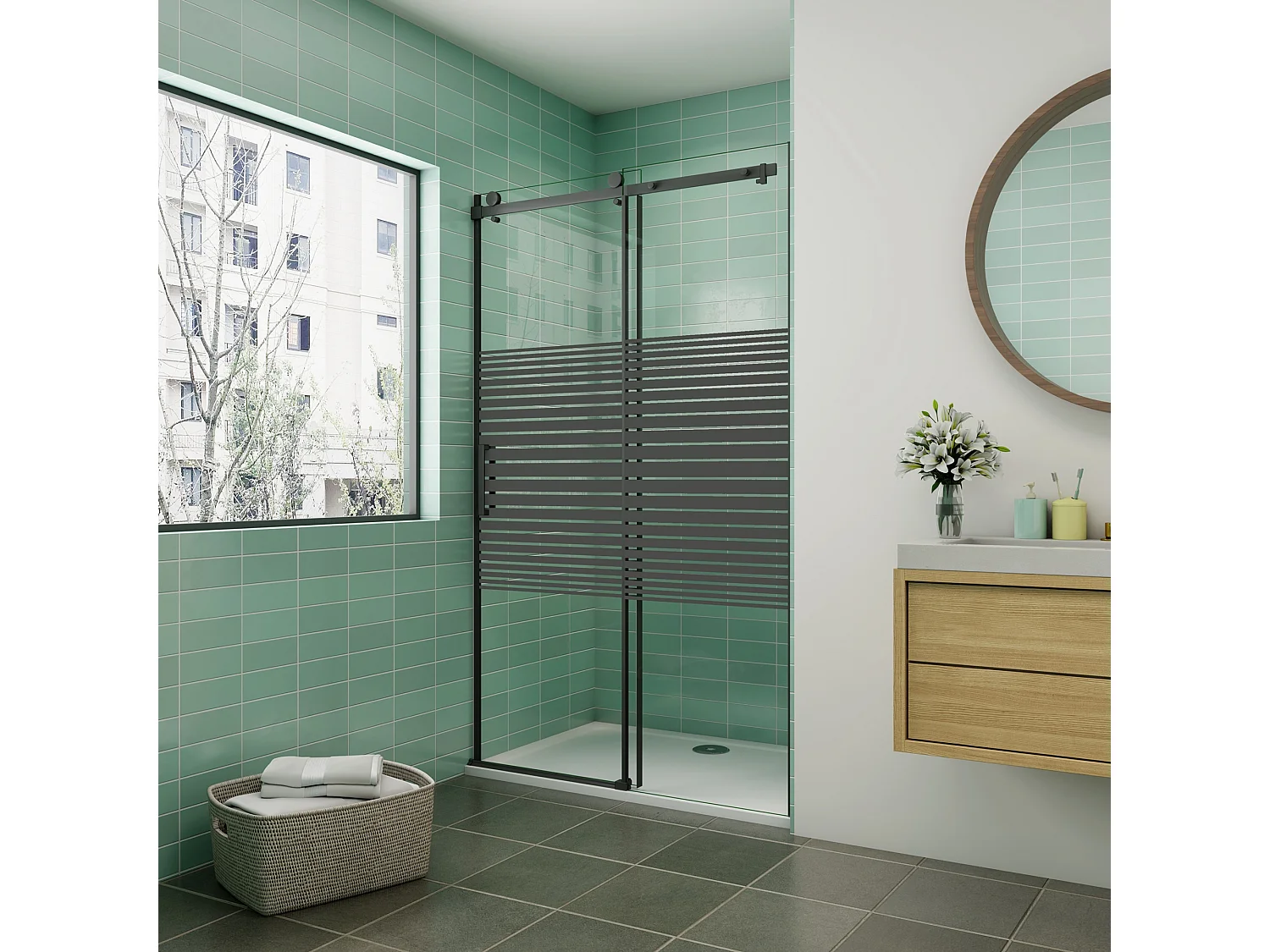 AICA Mampara de Ducha Corredera Frontal,Perfil Negro Mate,Vidrio Templado Serigrafiado 8mm Antical (1160-1200)x2000mm