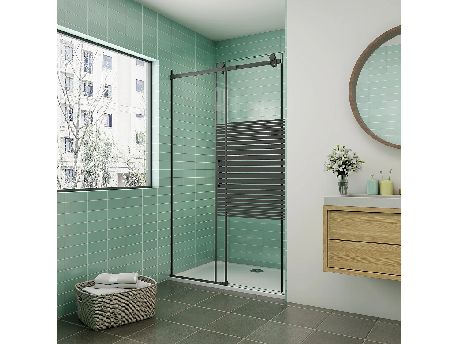 AICA Mampara de Ducha Corredera Frontal,Perfil Negro Mate,Vidrio Templado Serigrafiado 8mm Antical (1160-1200)x2000mm