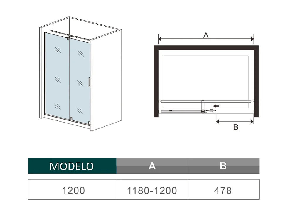 Porta de duche correr Perfil cromado com Barra Vidro Anticalcário 8mm (1180-1200)x1950mm-AICA
