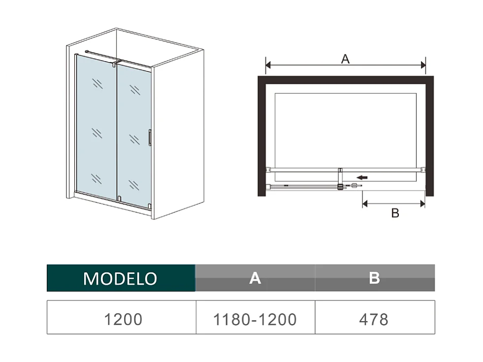 Porta de duche correr Perfil cromado com Barra Vidro Anticalcário 8mm (1180-1200)x1950mm-AICA