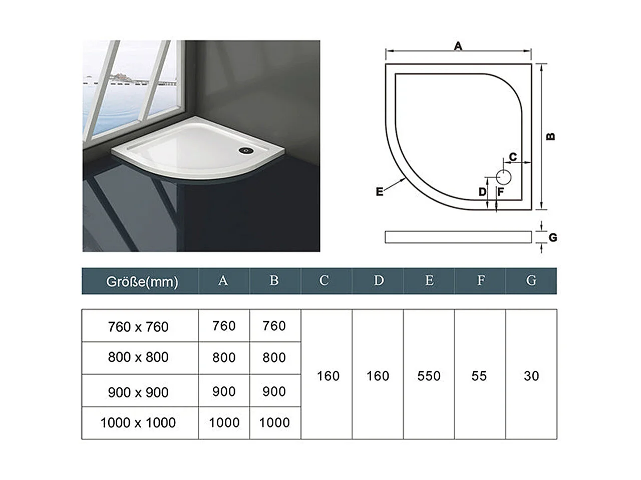 Base de duche Curvo Semicircular 100x100x3cm Gelcoat branco extra plano antiderrapante-AICA