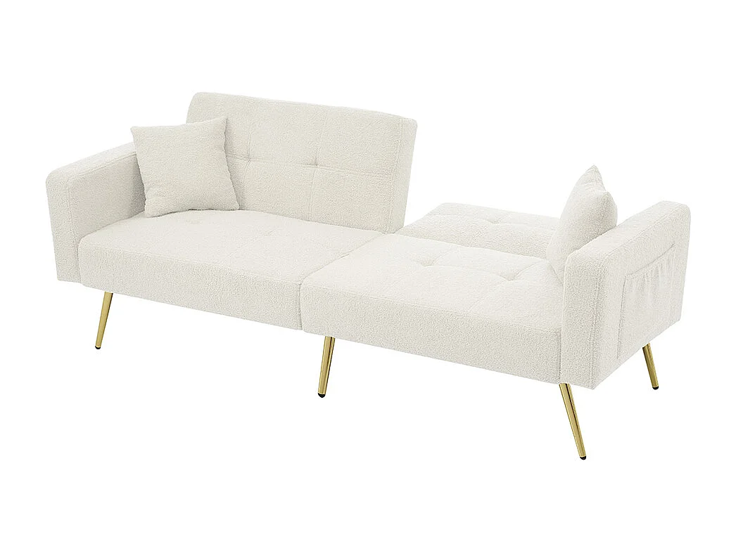 Slaapbank met bedfunctie, verstelbare hoek, gouden poten, met kussens en opbergvakken aan de zijkanten