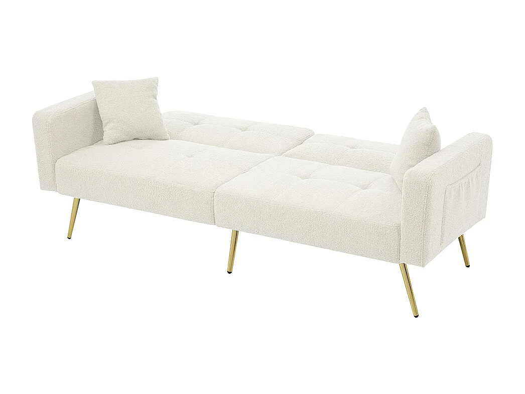 Divano letto con funzione letto, angolazione regolabile, piedini dorati, con cuscini e tasche portaoggetti laterali