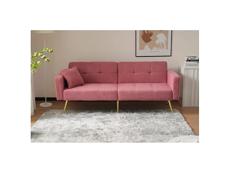 Canapé rembourré avec fonction lit, angle réglable, pieds dorés avec coussins et poches de rangement latérales