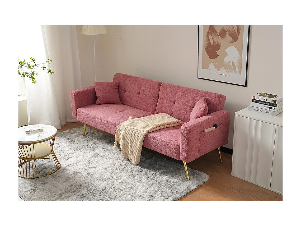 Canapé rembourré avec fonction lit, angle réglable, pieds dorés avec coussins et poches de rangement latérales