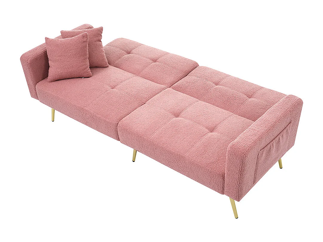 Canapé rembourré avec fonction lit, angle réglable, pieds dorés avec coussins et poches de rangement latérales