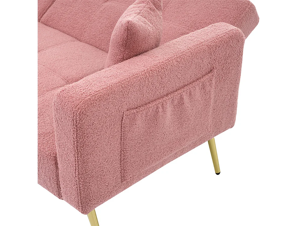 Canapé rembourré avec fonction lit, angle réglable, pieds dorés avec coussins et poches de rangement latérales