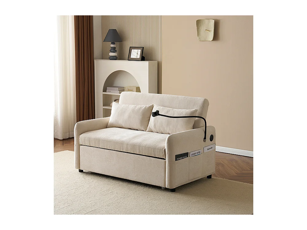 Moderne uitklapbare slaapbank met twee zitplaatsen, verstelbare rugleuning, houder voor mobiele telefoon, USB-oplaadpoort,Beige