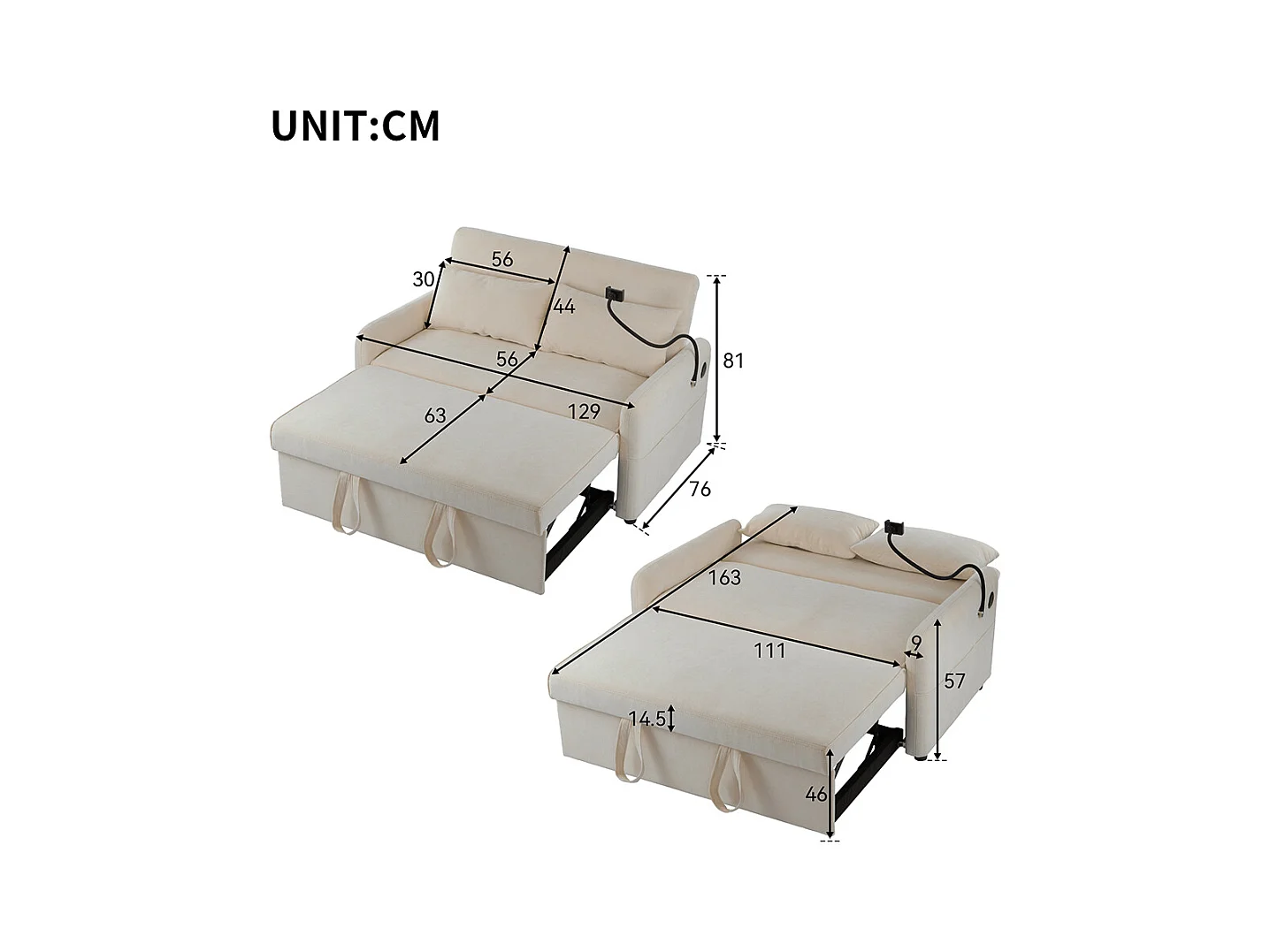 Moderne uitklapbare slaapbank met twee zitplaatsen, verstelbare rugleuning, houder voor mobiele telefoon, USB-oplaadpoort,Beige