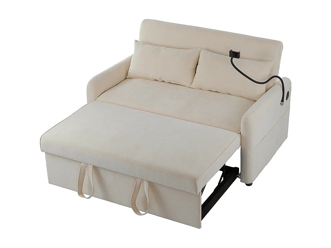 Moderne uitklapbare slaapbank met twee zitplaatsen, verstelbare rugleuning, houder voor mobiele telefoon, USB-oplaadpoort,Beige