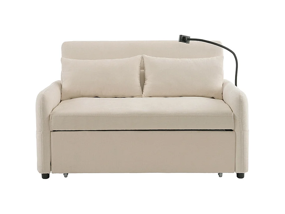 Moderne uitklapbare slaapbank met twee zitplaatsen, verstelbare rugleuning, houder voor mobiele telefoon, USB-oplaadpoort,Beige