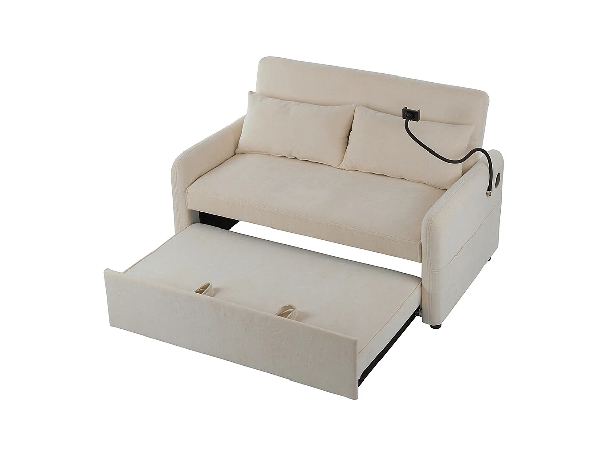 Moderne uitklapbare slaapbank met twee zitplaatsen, verstelbare rugleuning, houder voor mobiele telefoon, USB-oplaadpoort,Beige