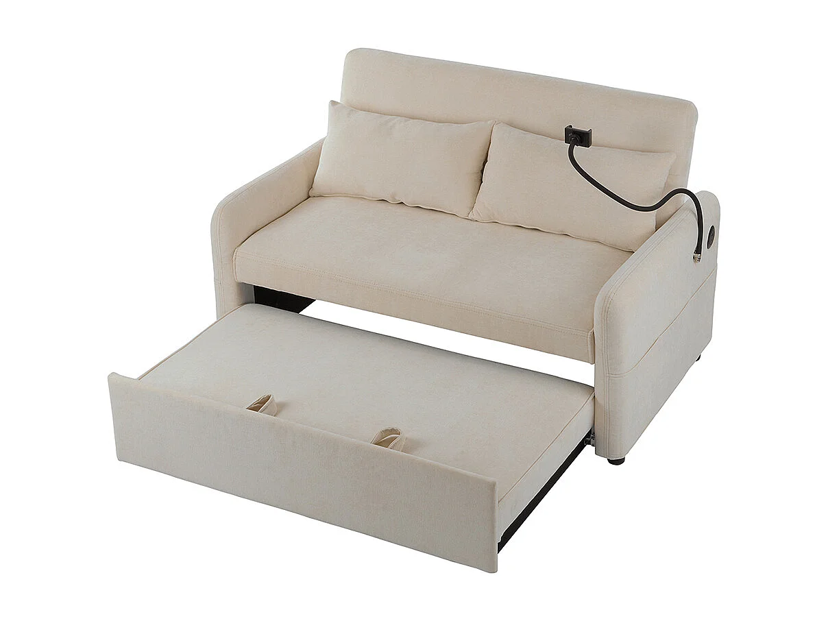 Canapé-lit moderne pliant à deux places, dossier réglable, support pour téléphone portable, port de charge USB,Beige