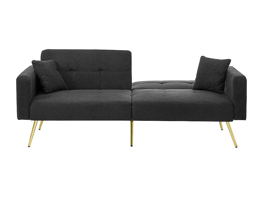 Divano letto con funzione letto, angolazione regolabile, piedini dorati, con cuscini e tasche portaoggetti laterali