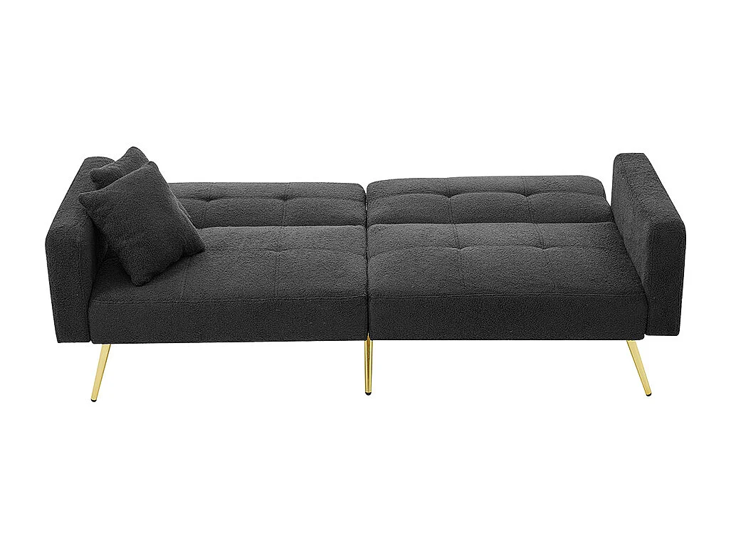 Sofá-cama com função de cama, ângulo regulável, pés dourados, com almofadas e bolsas de arrumação laterais