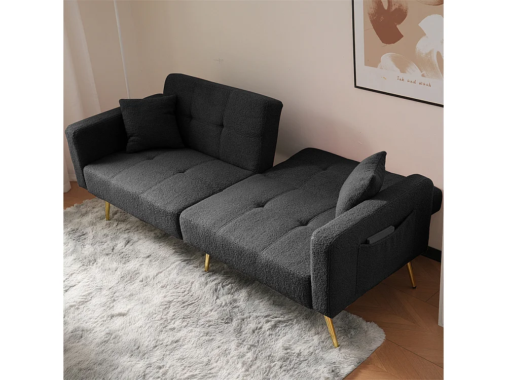 Sofá-cama com função de cama, ângulo regulável, pés dourados, com almofadas e bolsas de arrumação laterais