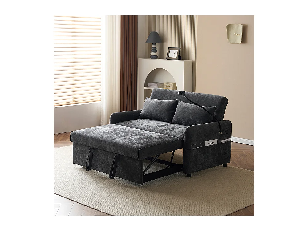 Divano letto pieghevole moderno a due posti con schienale regolabile, porta cellulare, porta di ricarica USB, nero