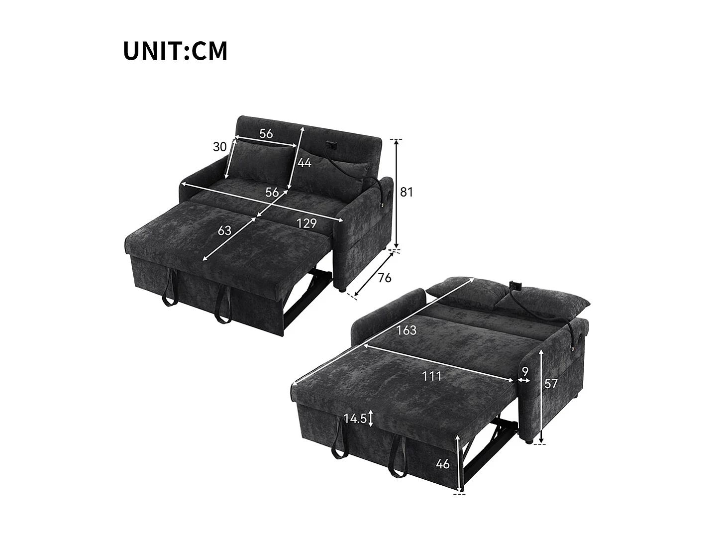 Divano letto pieghevole moderno a due posti con schienale regolabile, porta cellulare, porta di ricarica USB, nero