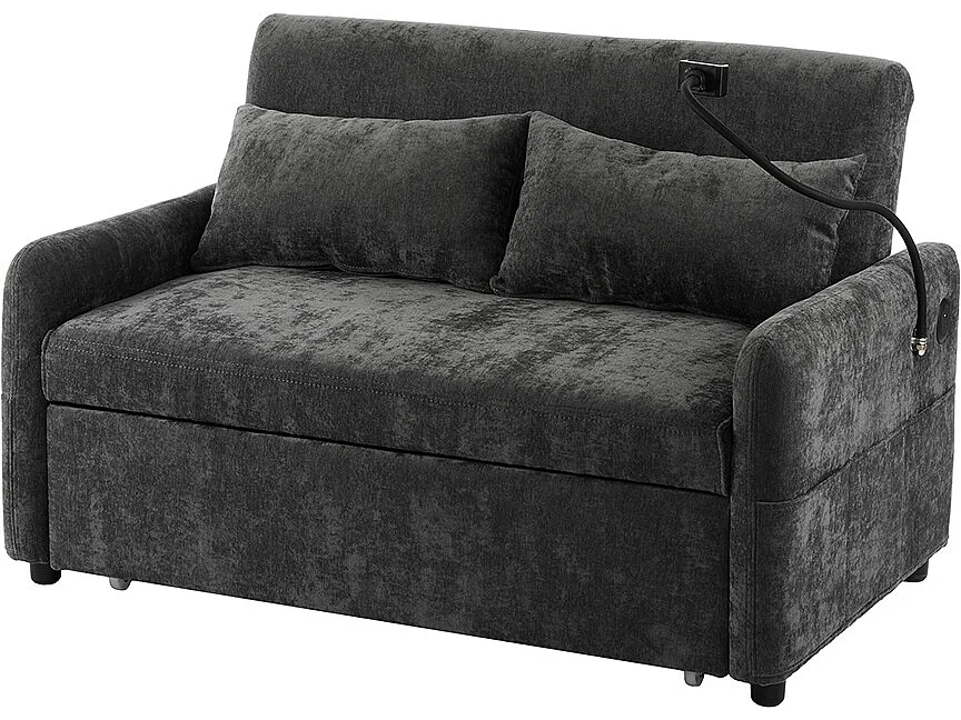 Divano letto pieghevole moderno a due posti con schienale regolabile, porta cellulare, porta di ricarica USB, nero