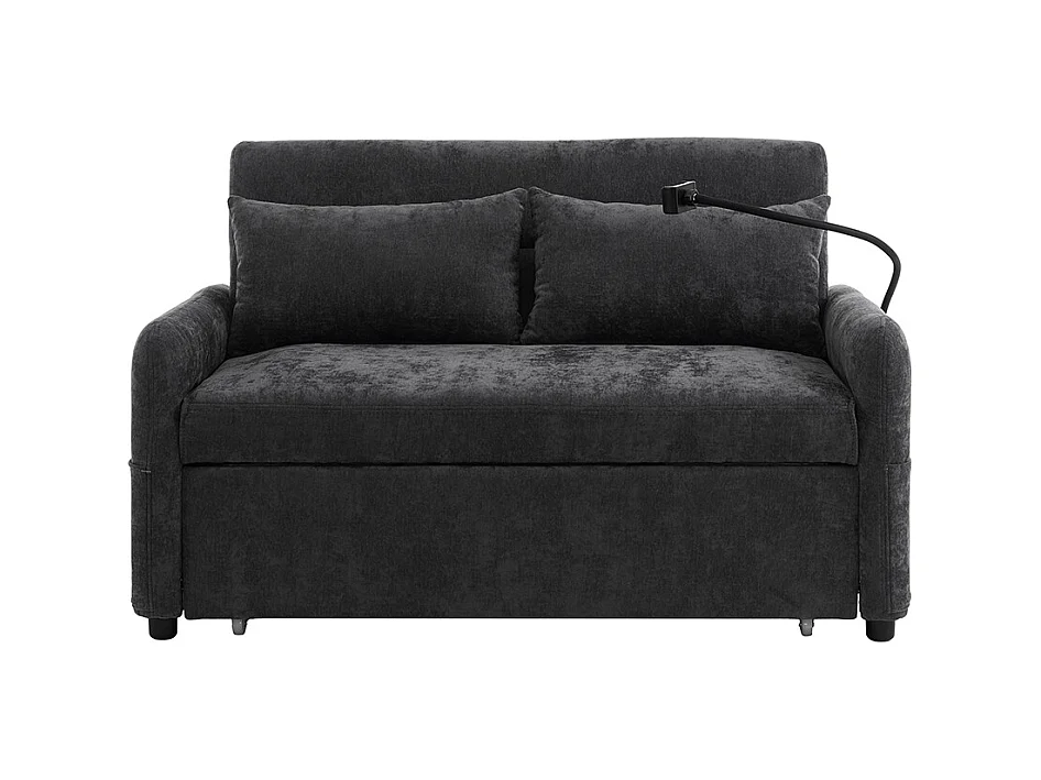 Divano letto pieghevole moderno a due posti con schienale regolabile, porta cellulare, porta di ricarica USB, nero