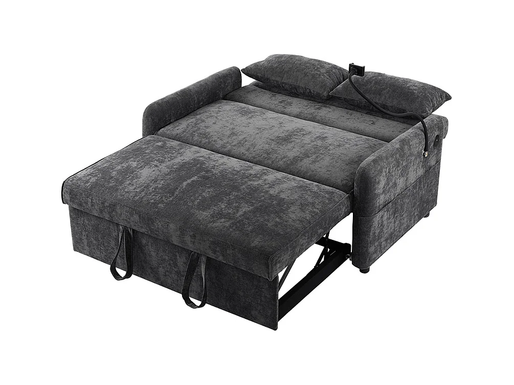 Divano letto pieghevole moderno a due posti con schienale regolabile, porta cellulare, porta di ricarica USB, nero