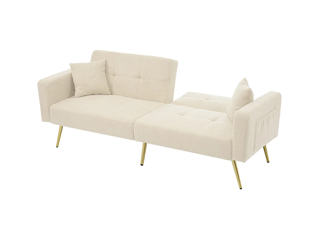 Canapé-lit avec fonction lit, angle réglable, pieds dorés, avec coussins et poches de rangement latérales, beige