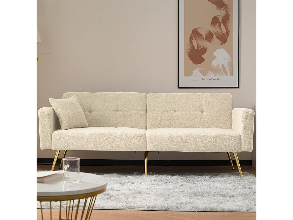 Divano letto con funzione letto, angolazione regolabile, gambe dorate, con cuscini e tasche portaoggetti laterali, beige