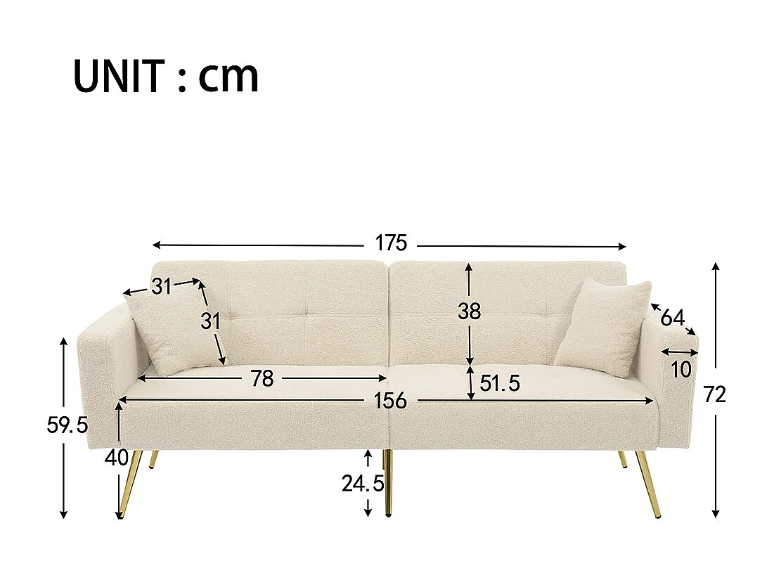 Divano letto con funzione letto, angolazione regolabile, gambe dorate, con cuscini e tasche portaoggetti laterali, beige