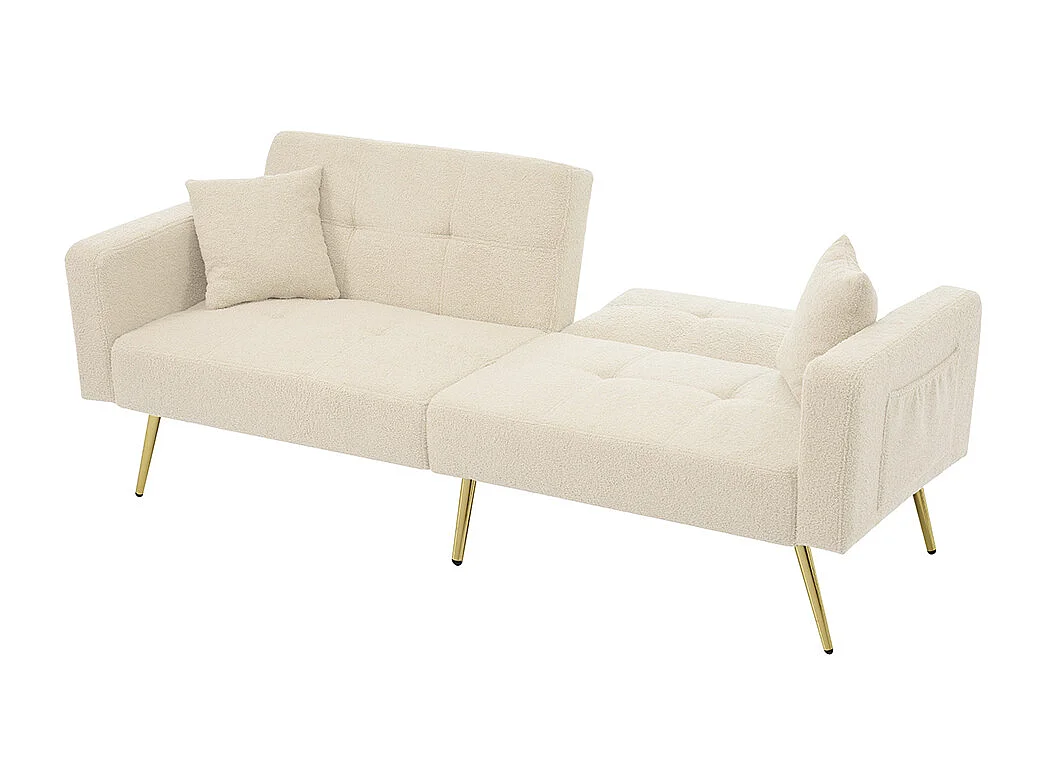 Divano letto con funzione letto, angolazione regolabile, gambe dorate, con cuscini e tasche portaoggetti laterali, beige