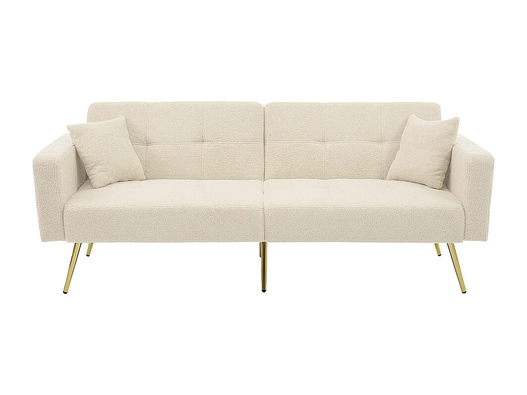 Divano letto con funzione letto, angolazione regolabile, gambe dorate, con cuscini e tasche portaoggetti laterali, beige