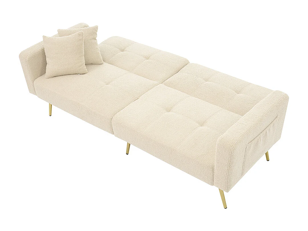 Divano letto con funzione letto, angolazione regolabile, gambe dorate, con cuscini e tasche portaoggetti laterali, beige