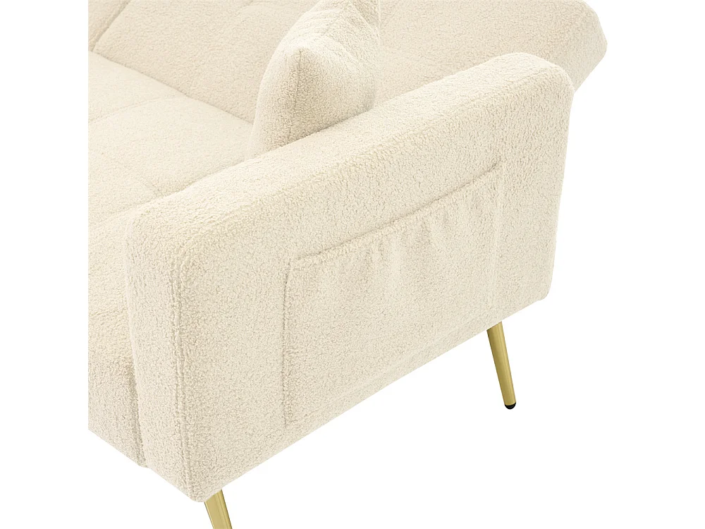 Divano letto con funzione letto, angolazione regolabile, gambe dorate, con cuscini e tasche portaoggetti laterali, beige