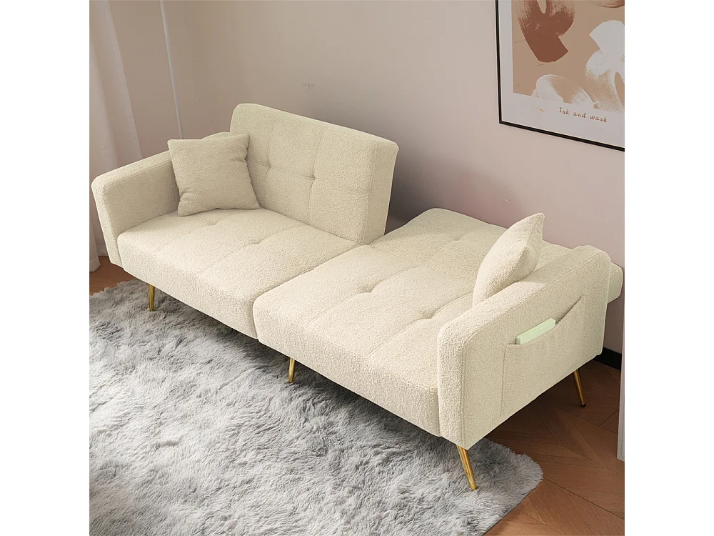 Divano letto con funzione letto, angolazione regolabile, gambe dorate, con cuscini e tasche portaoggetti laterali, beige