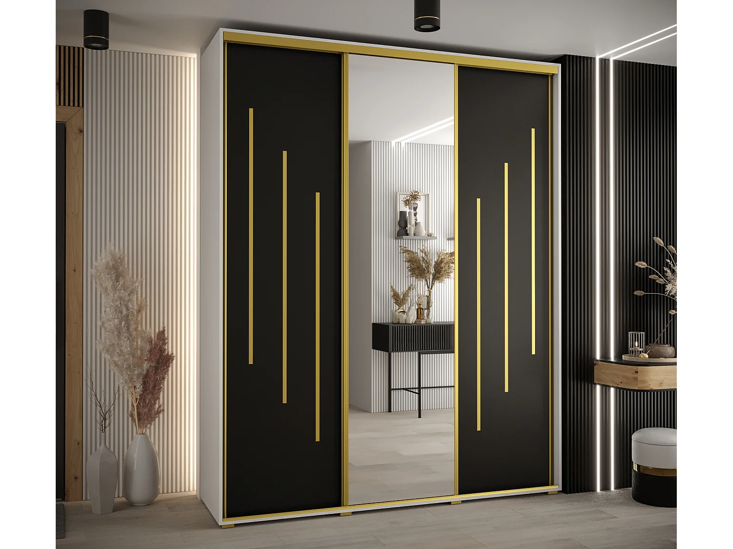 ARMADIO CON PORTE SCORREVOLI DAVOS 9 235,2/200/45 3 porta (Bianco/Nero/Dorato)
