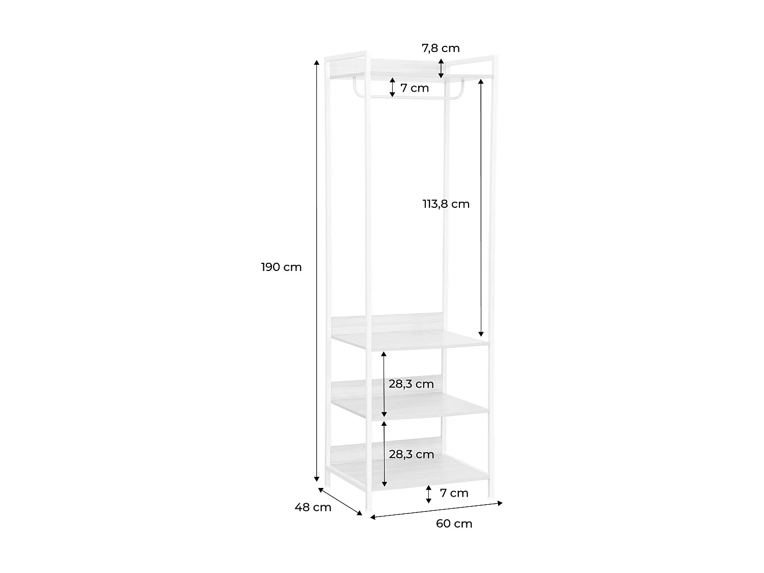 Module dressing blanc avec 1 penderie et 3 étagères. L 60 x P 48 x H 190 cm