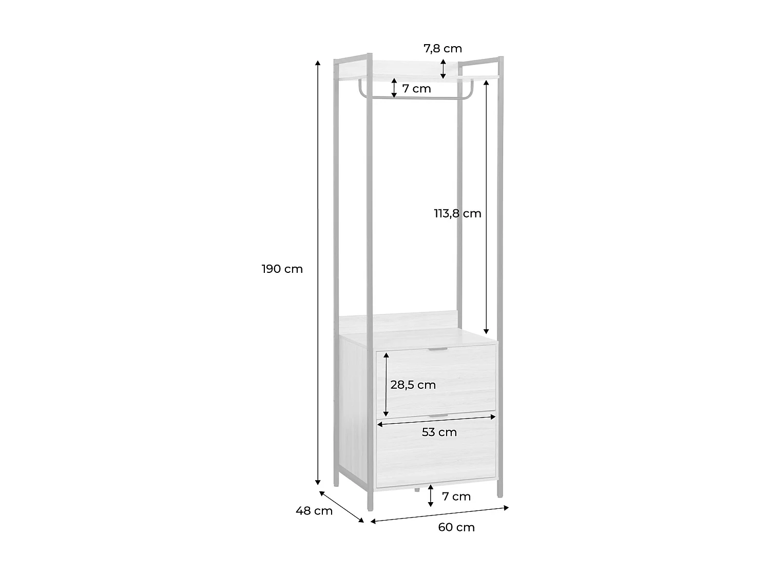 Module dressing noir avec 1 penderie. 2 tiroirs et 1 étagère. L 60 x P 48 x  H 190 cm
