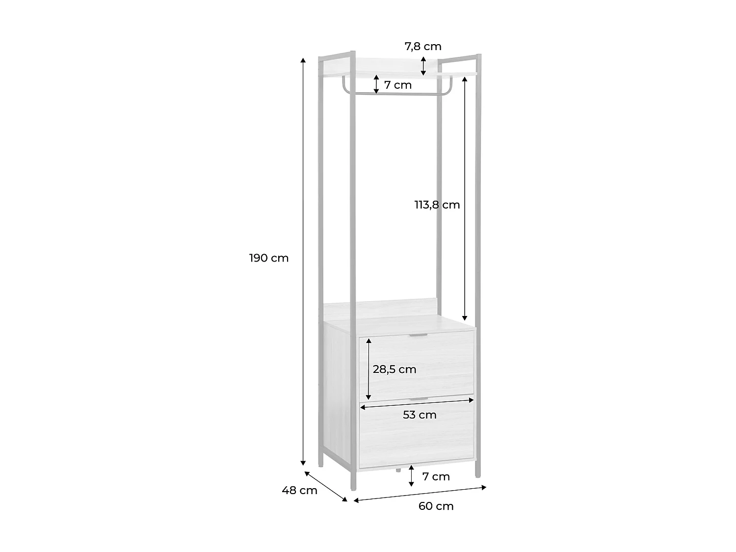 Module dressing noir avec 1 penderie. 2 tiroirs et 1 étagère. L 60 x P 48 x  H 190 cm