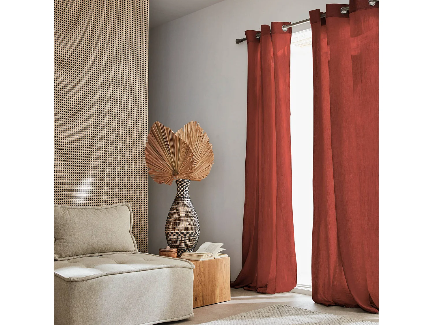 Cortinas de gasa de algodón, set de 2 ocre rojo