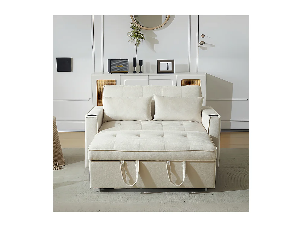 Canapé-lit multifonctionnel avec fonction de couchage, canapé-lit avec porte-gobelet et coussins, Beige
