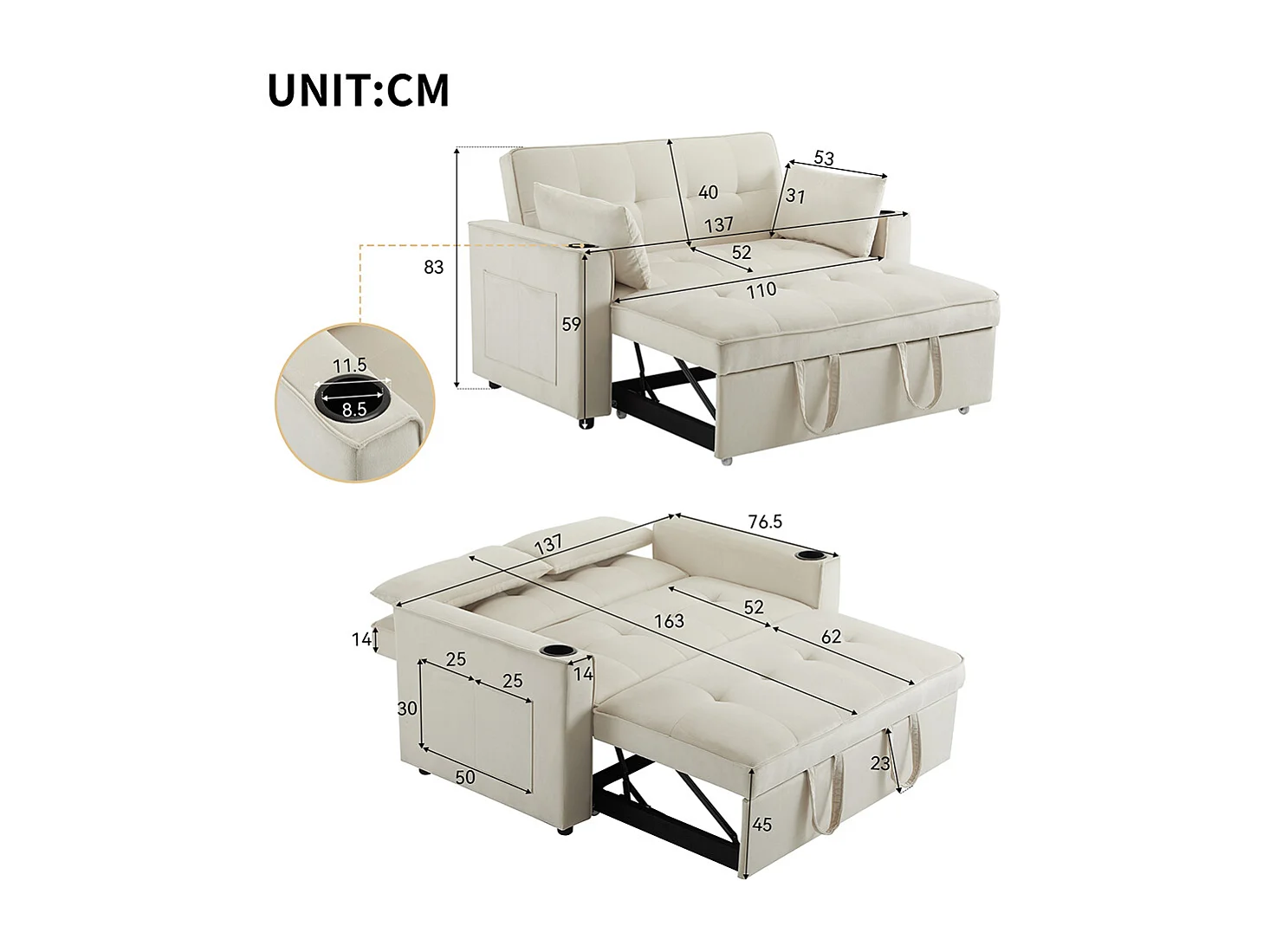 Canapé-lit multifonctionnel avec fonction de couchage, canapé-lit avec porte-gobelet et coussins, Beige