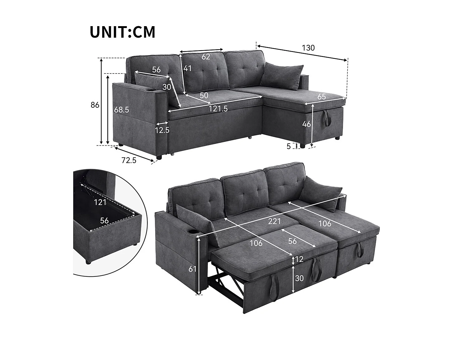 Sofa's met slaapfunctie, L-vormige sofa's, gestoffeerde meubelen, sofa's, loungers met bekerhouders,Zwart