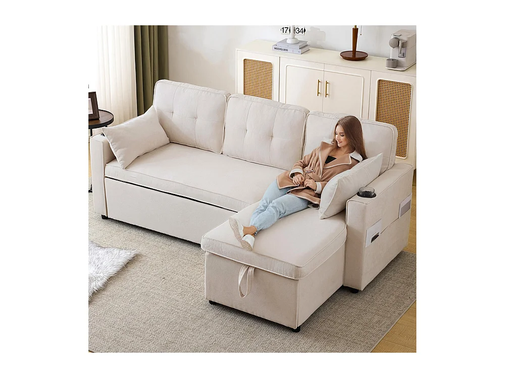 Sofás com função de dormir, sofás em forma de L, móveis estofados, sofás, espreguiçadeiras com suportes para copos,Bege