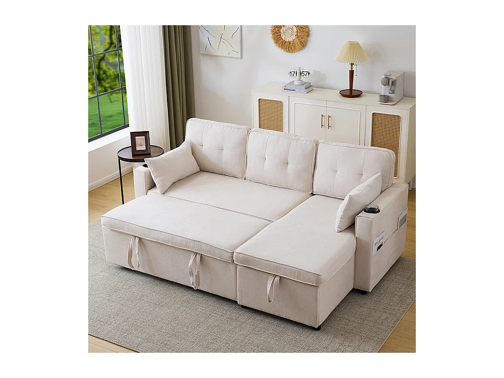 Canapés avec fonction de couchage, canapés en L, meubles rembourrés, canapés, chaises longues avec porte-gobelets,Beige