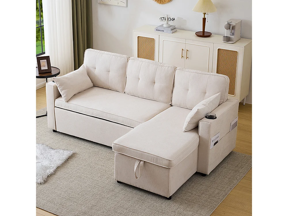 Sofa's met slaapfunctie, L-vormige sofa's, gestoffeerde meubelen, sofa's, loungers met bekerhouders,Beige