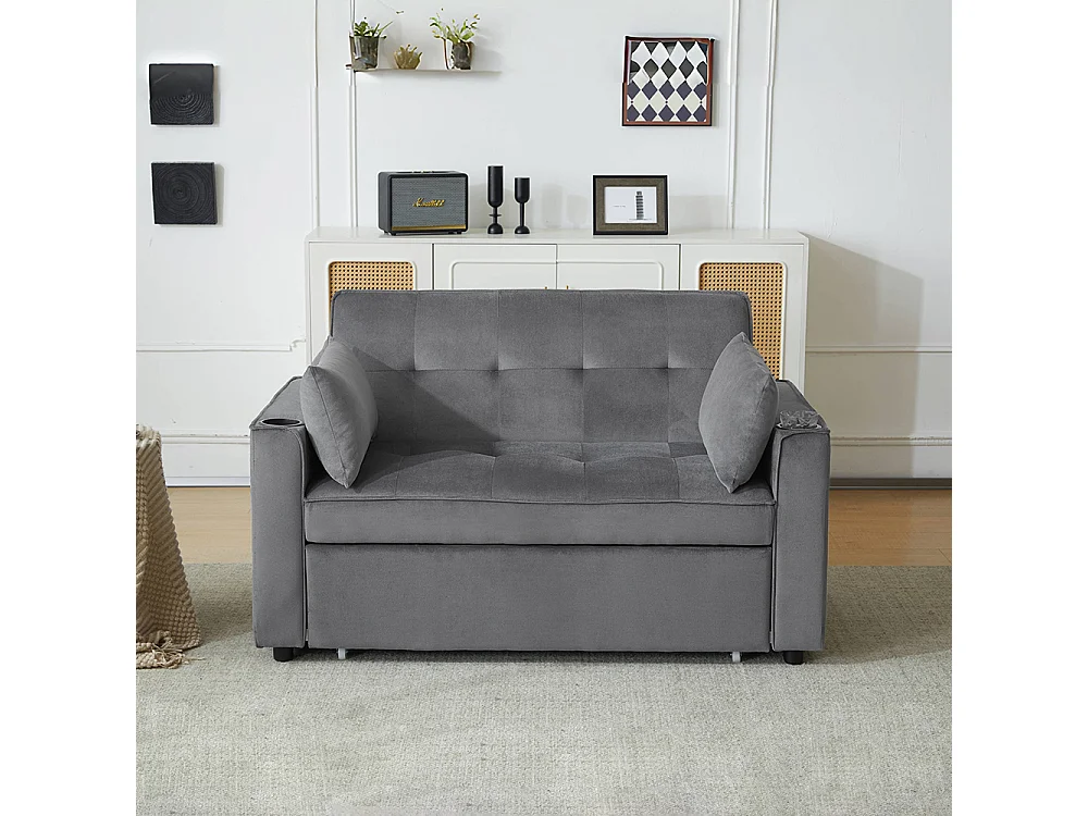 Canapé-lit multifonctionnel avec fonction de couchage, canapé-lit avec porte-gobelet et coussins, gris