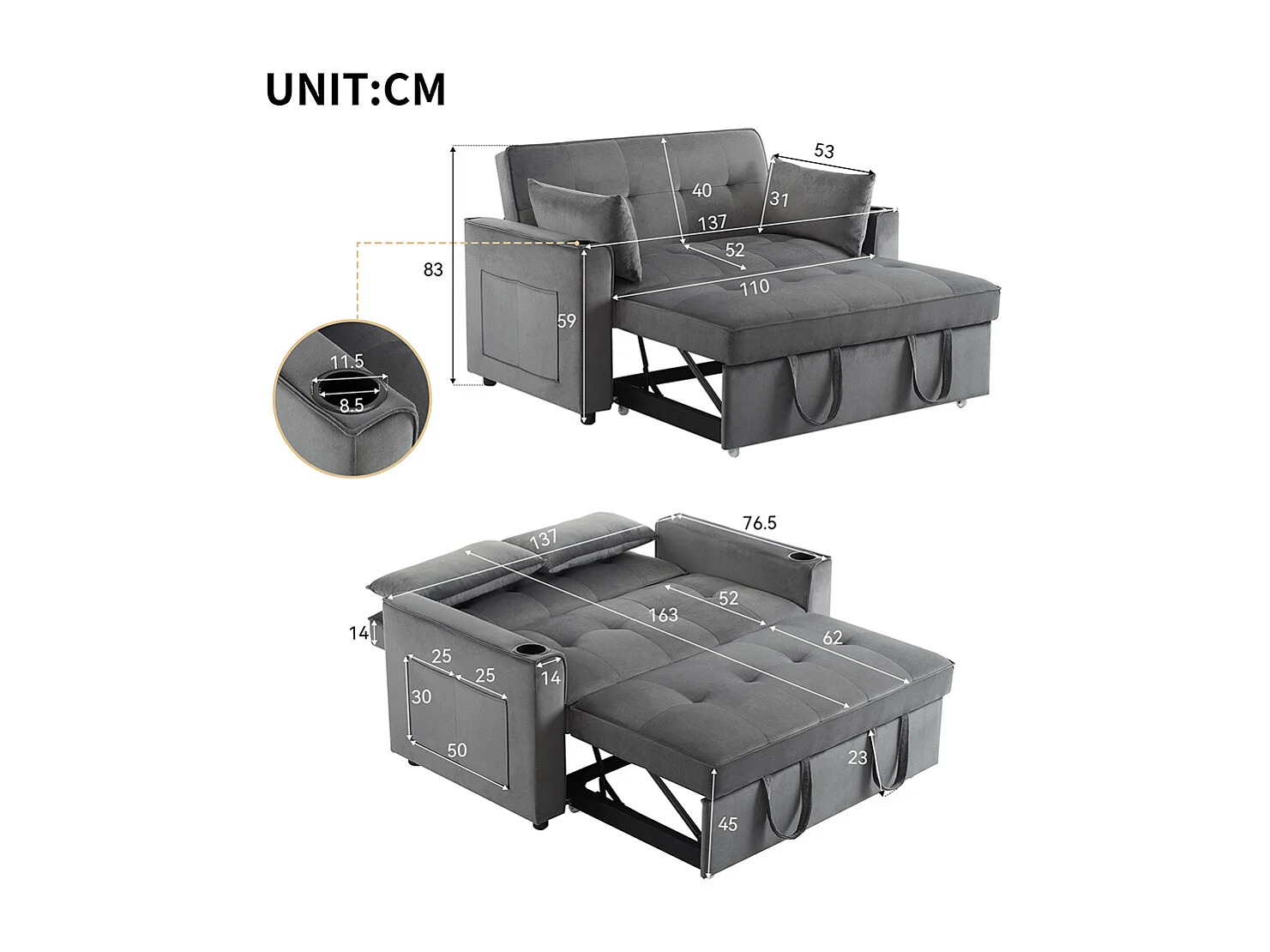 Canapé-lit multifonctionnel avec fonction de couchage, canapé-lit avec porte-gobelet et coussins, gris