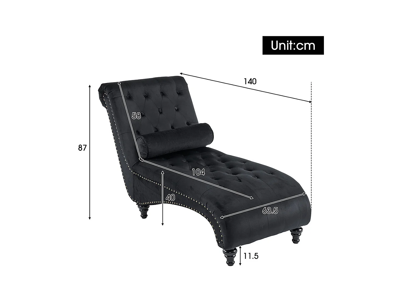 Chaise longue, chaise longue, chaise longue met koperen nagels aan de zijkanten, met lendenkussen