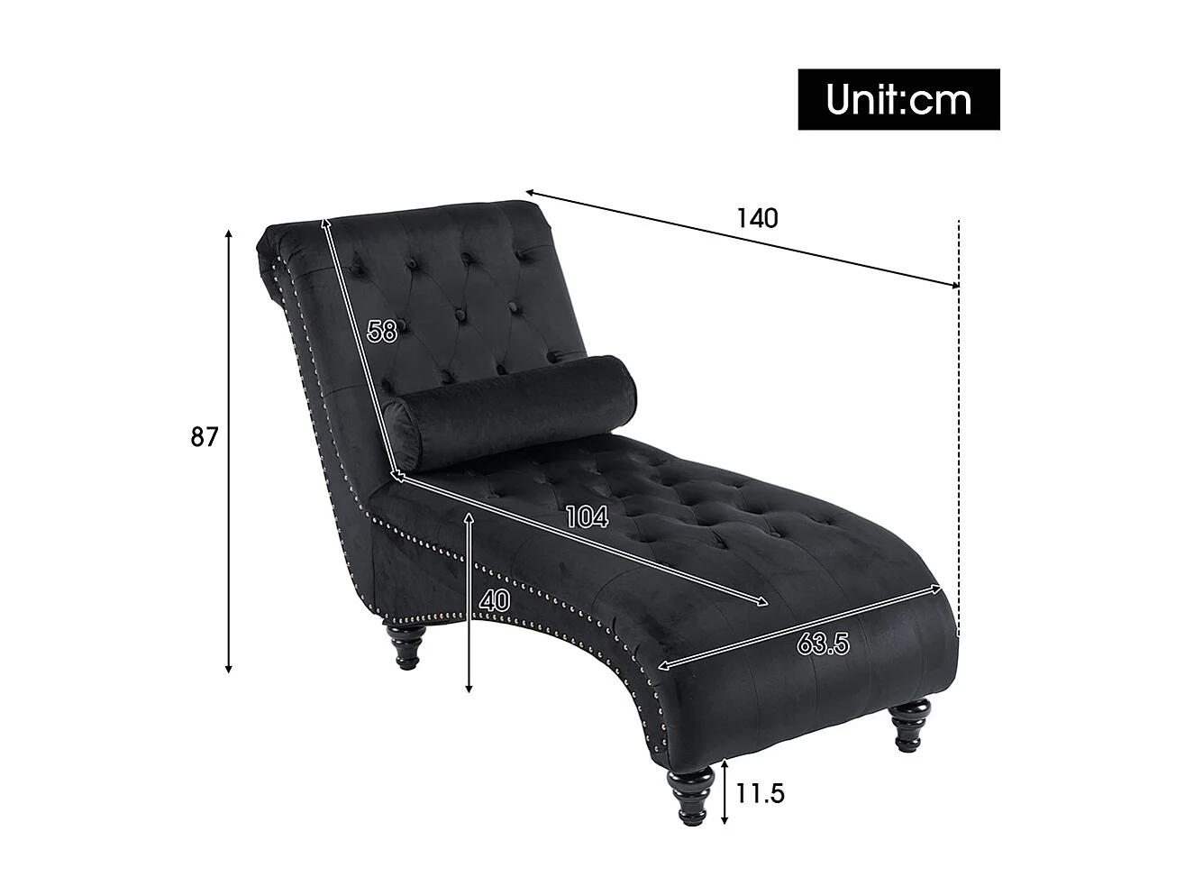 Chaise longue, chaise longue, chaise longue met koperen nagels aan de zijkanten, met lendenkussen