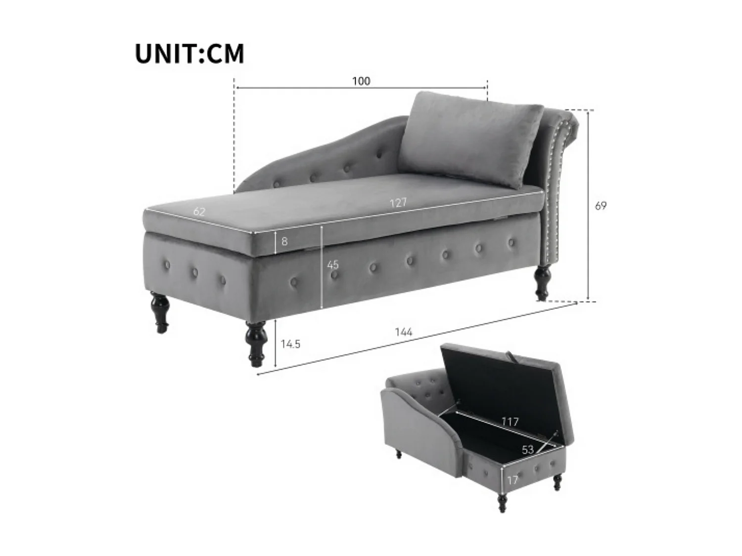 Chaise longue de veludo com costuras cravejadas e abotoadas, arrumação, almofadas